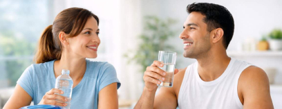 Casal de adultos em ambiente doméstico bebendo água juntos, representando a importância de beber água na quantidade ideal de acordo com o peso corporal para manter uma hidratação saudável.