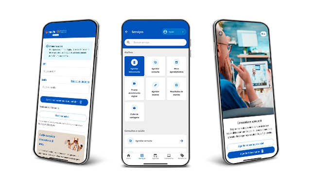 Três smartphones exibem diferentes telas de aplicativo de saúde. Tela da esquerda mostra login e cadastro com campos de CPF e botão 'Acessar conta'. Tela central apresenta serviços como agendamento de consultas, exames e teleconsulta. Tela da direita exibe imagem de pessoa usando tablet com opções de navegação. Imagem destaca funcionalidades digitais em saúde.