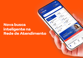Celular com app Hapvida e texto sobre nova busca inteligente