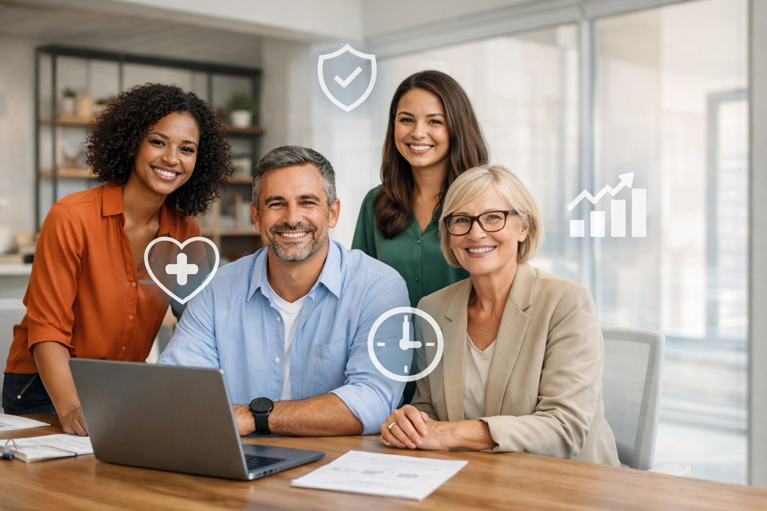 Equipe diversa em escritório moderno com ícones de saúde e bem-estar, representando benefícios corporativos e plano de saúde familiar.