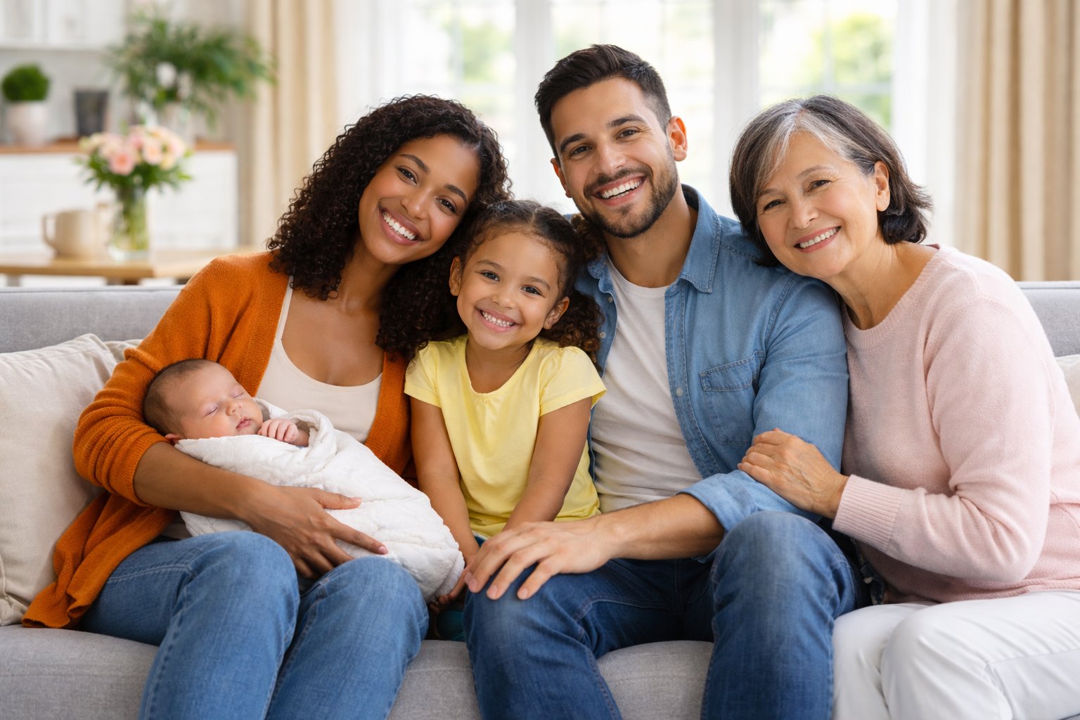 Família diversa com mãe, pai, filha criança, filho recém-nascido e avó sentados juntos em uma sala de estar clara e aconchegante, representando cuidado, união e a escolha de um plano de saúde familiar com cobertura completa.