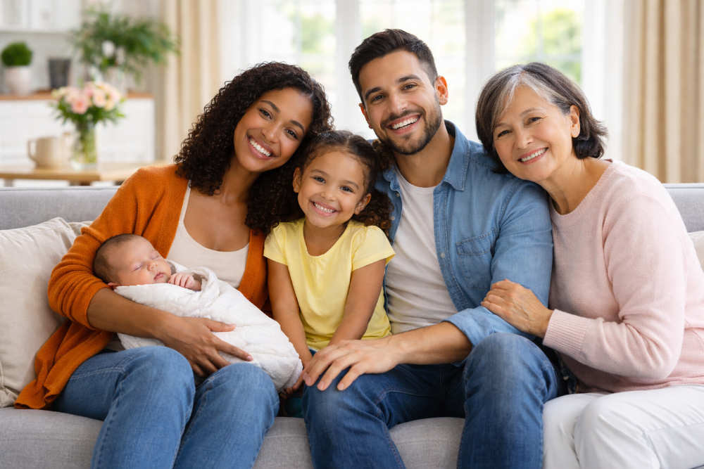 Família diversa com mãe, pai, filha criança, filho recém-nascido e avó sentados juntos em uma sala de estar clara e aconchegante, representando cuidado, união e a escolha de um plano de saúde familiar com cobertura completa.
