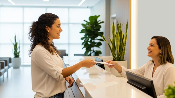 Paciente entregando papel para recepcionista