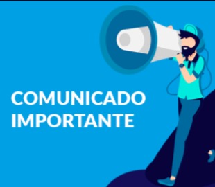 Ilustração de uma pessoa segurando um megafone, com o texto COMUNICADO IMPORTANTE em um fundo azul, simbolizando o aviso de descredenciamento do Hospital Pinel.
