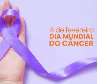 Mão segurando uma fita de conscientização roxa, com a frase 4 de fevereiro DIA MUNDIAL DO CÂNCER ao lado, simbolizando a prevenção do câncer e um estilo de vida saudável.