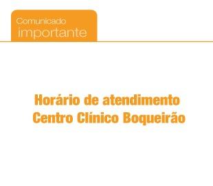 Comunicado laranja e branco com a frase Horário de atendimento Centro Clínico Boqueirão, simbolizando a informação sobre o horário de funcionamento da unidade.
