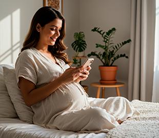 Mulher grávida sorrindo sentada na cama, usando o celular, representando o acompanhamento da gravidez e a jornada da gestação.