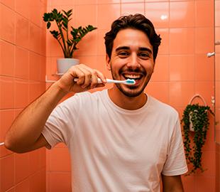 Homem sorridente escovando os dentes, promovendo a higiene bucal e os hábitos saudáveis para o Dia Mundial da Saúde Bucal.