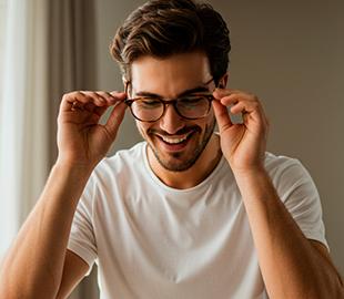 Homem sorridente e com barba colocando óculos de grau, ilustrando a correção de problemas de visão como astigmatismo, miopia e hipermetropia.