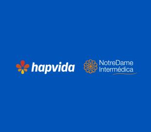 Logos da Hapvida e NotreDame Intermédica lado a lado sobre um fundo azul, simbolizando a nova campanha institucional do grupo.