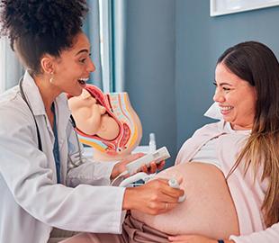 Médica sorridente realizando um ultrassom em uma mulher grávida, enquanto segura um modelo anatômico do útero, simbolizando os benefícios do parto normal e os desafios da amamentação no Agosto Dourado.