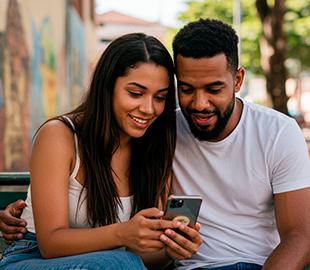 Casal jovem sorridente olhando para um smartphone, simbolizando a pesquisa e decisão sobre opções de saúde.