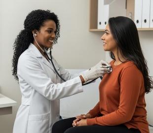 Médica realiza exame com estetoscópio em paciente durante consulta preventiva, representando a importância da medicina preventiva nos planos de saúde.