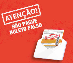 Frase ATENÇÃO! NÃO PAGUE BOLETO FALSO e um envelope branco contendo um boleto com o mesmo aviso, simbolizando a alerta contra fraudes.
